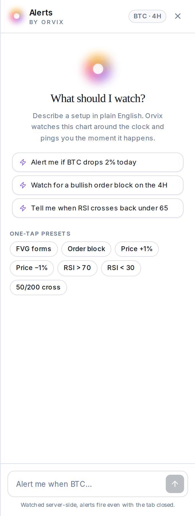 The Orvix alerts panel in Shareabull asking what it should watch