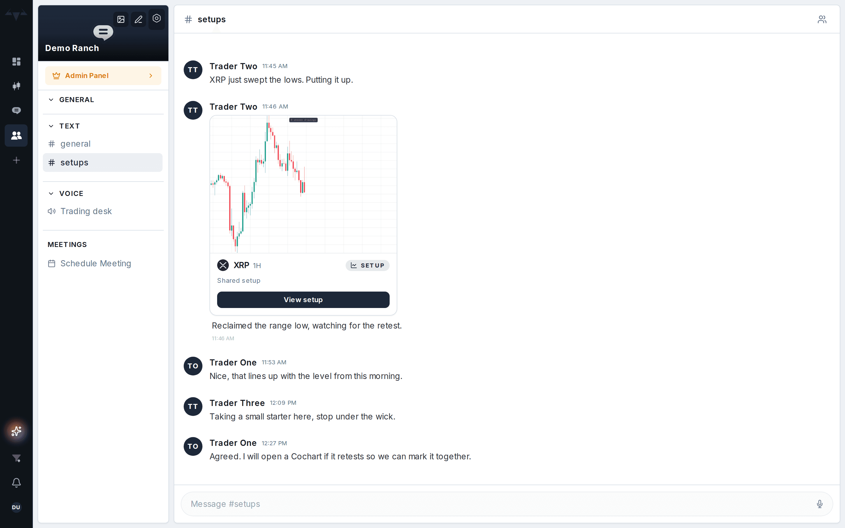 A Ranch in Shareabull: channel sidebar, team chat, and a setup shared into the channel